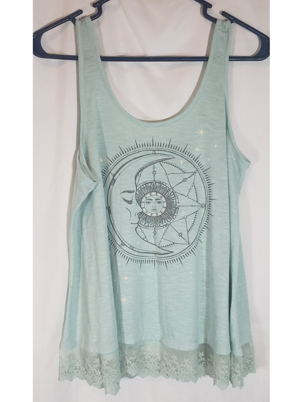 Awake Womens L Mint Green Celestial Sun Moon Graphic Lace Hem Tank Top Boho